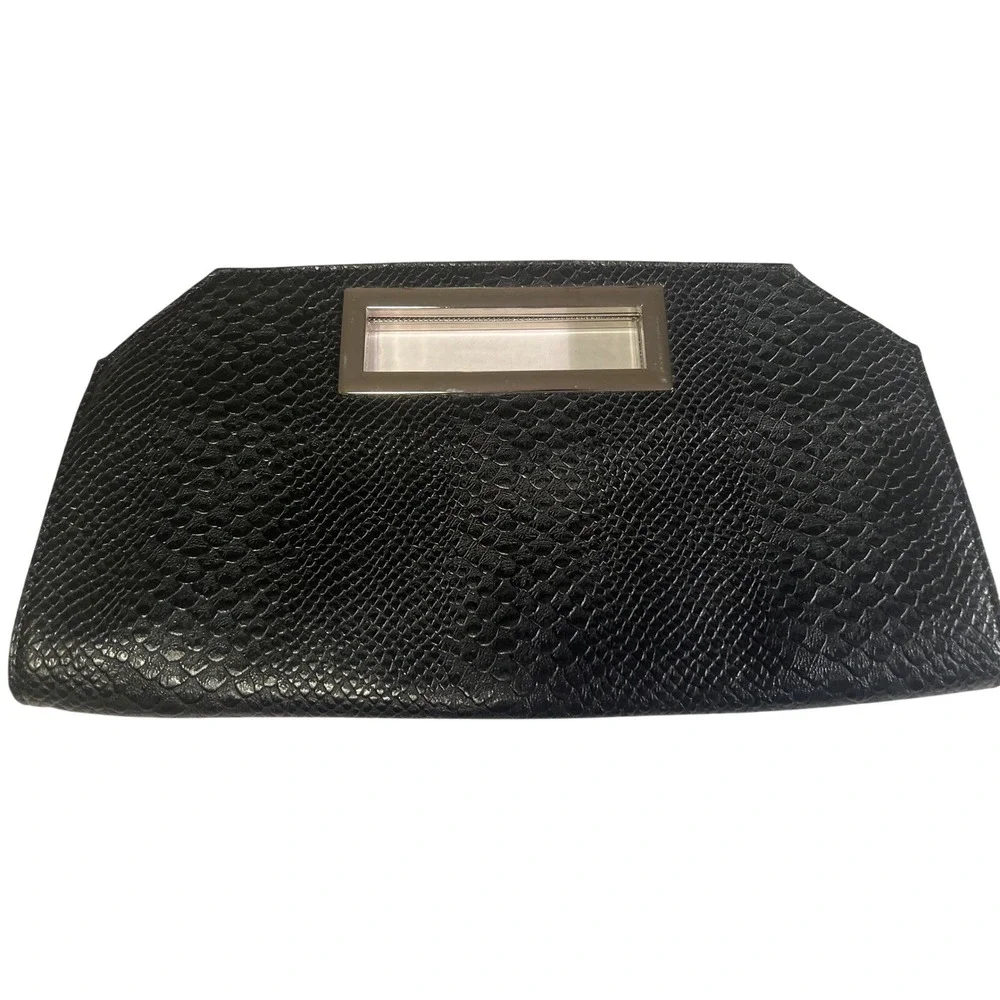 Express Black Faux Leather Snakeskin Clutch‎ Handbag Silver Handle Magnetic Y2K
